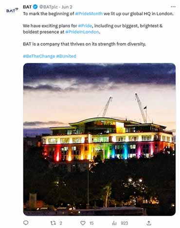 A tweet from BAT shows their HQ lit up in rainbow lights for Pride month