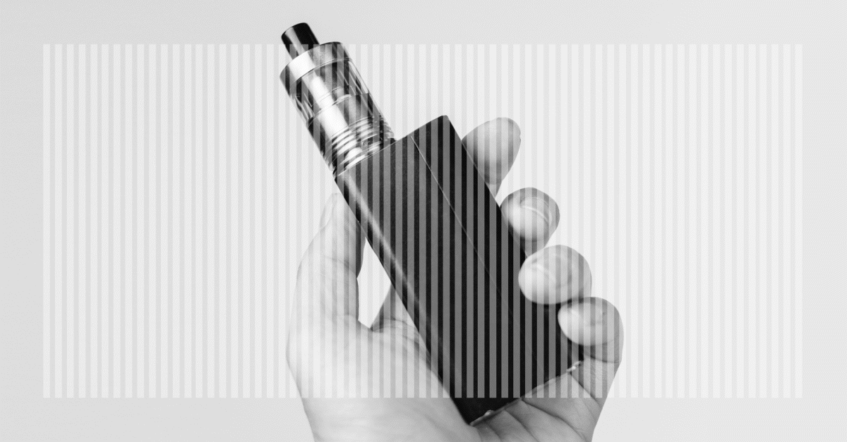 A hand holding a vape tank in inverted colors showing the truth about tobacco is nefarious
