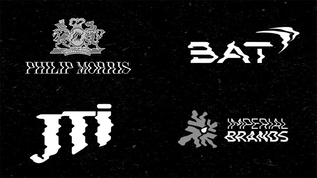 Distorted logos for PMI, BAT, JTI and Imperial — collectively known as Big Tobacco