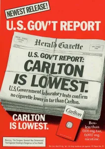 Advertisement showing a newspaper with the headline "U.S. Government Report: Carlton is Lowest. U.S. Government laboratory tests confirm no cigarette lower in tar than Carlton."