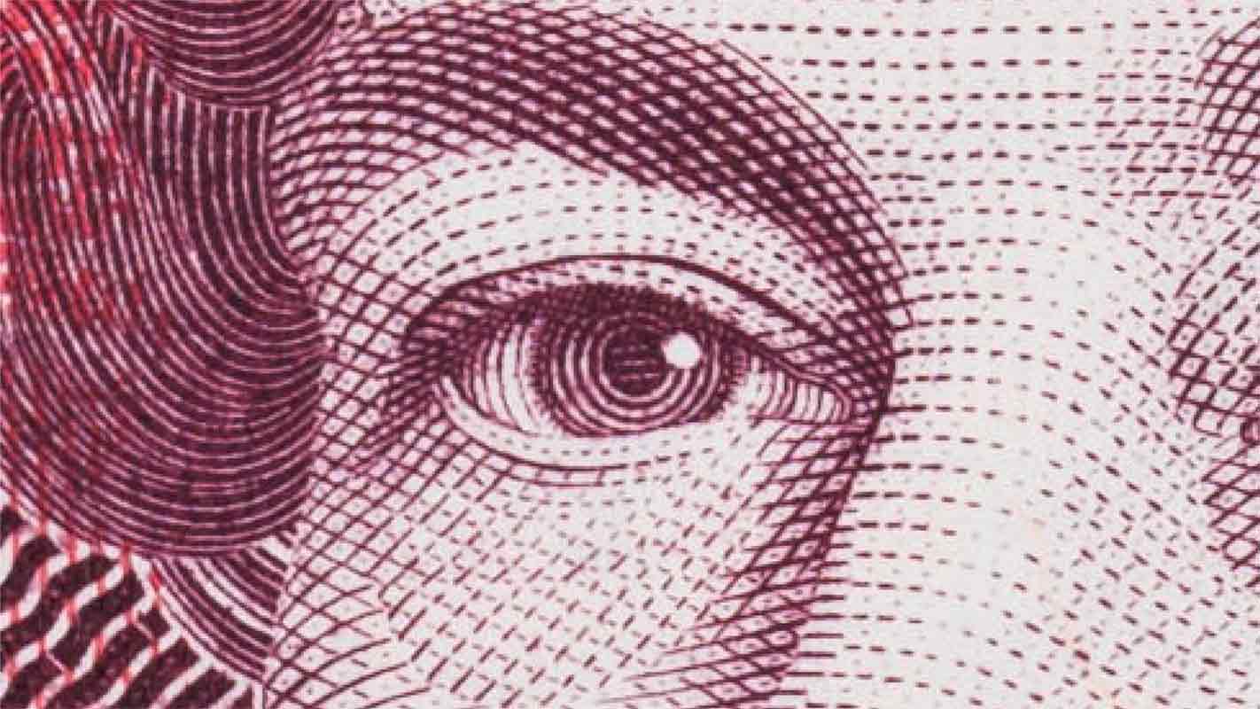 Close up of Queen Elizabeth's eye on the 50 pound note representing alleged BAT illicit trade and corporate espionage schemes
