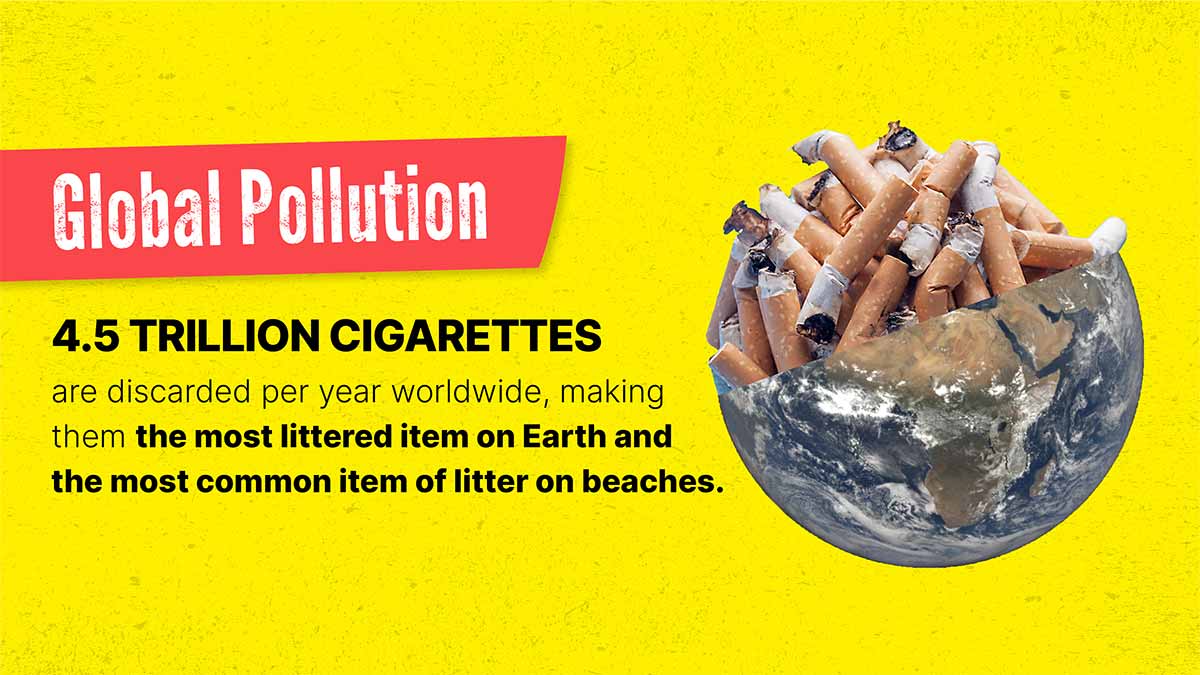 Global Pollution. 4.5 trillion cigarettes are discarded per year worldwide, making them the most littered item on Earth and the most common item of litter on beaches.