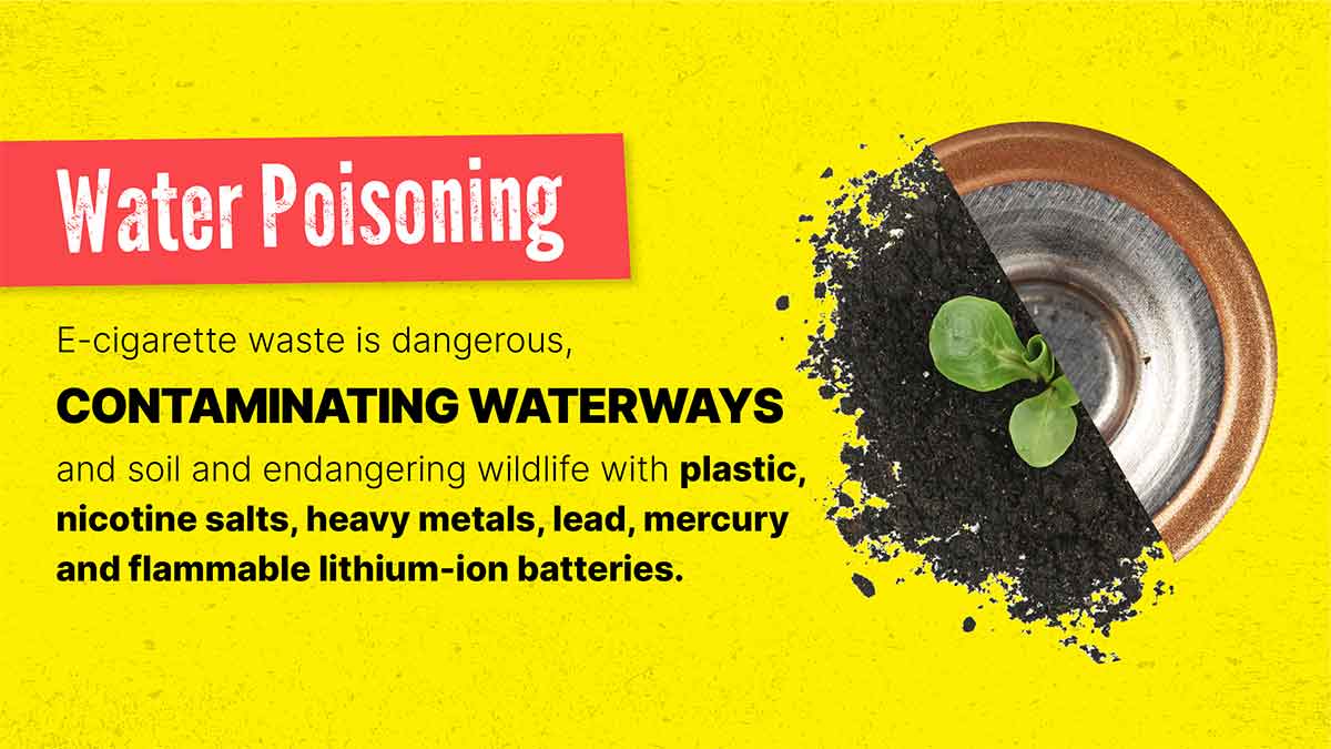 Water poisoning. E-cigarette waste is dangerous, contaminating waterways and soil and endangering wildlife with plastic, nicotine salts, heavy metals, lead, mercury and flammable lithium-ion batteries.