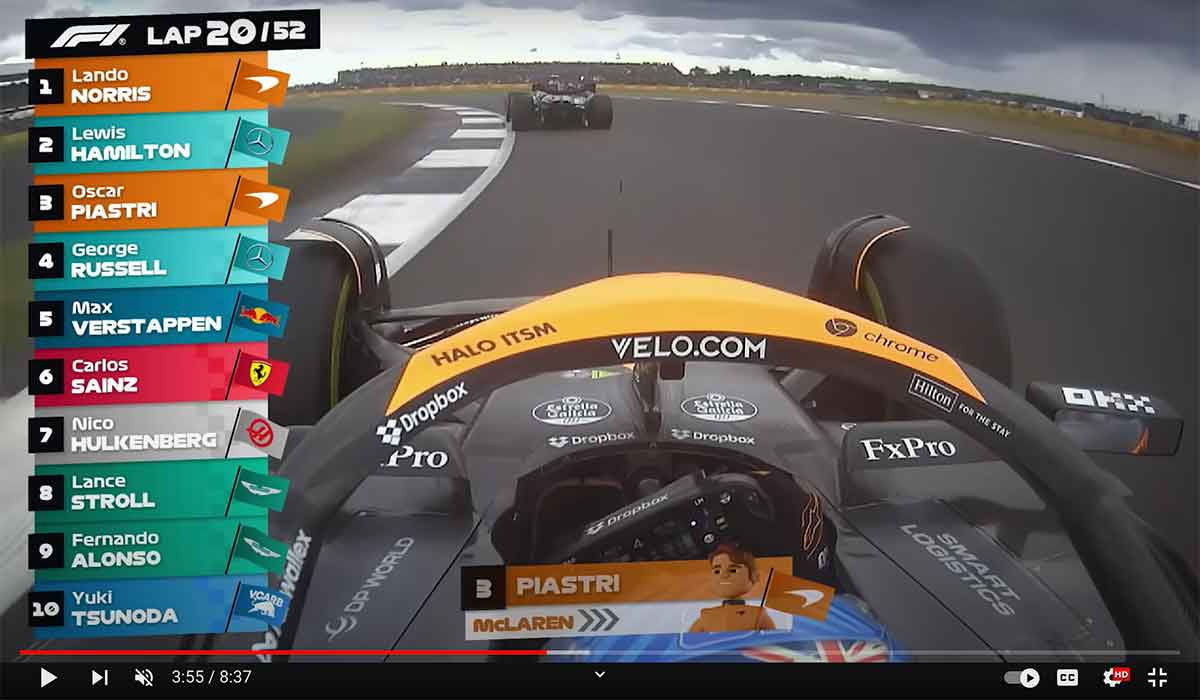 Branding for Velo, a nicotine pouch, is front-and-center in coverage of the British Grand Prix on F1 Kids.